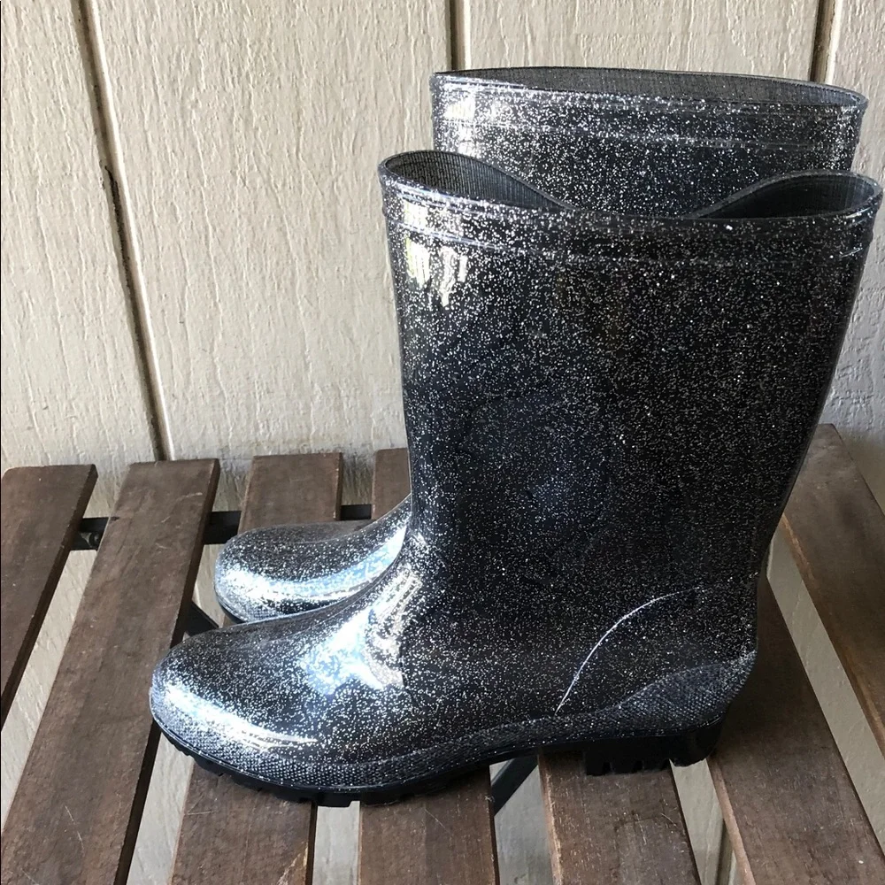 Women's Glitter Mid-Calf Black Rain Boots